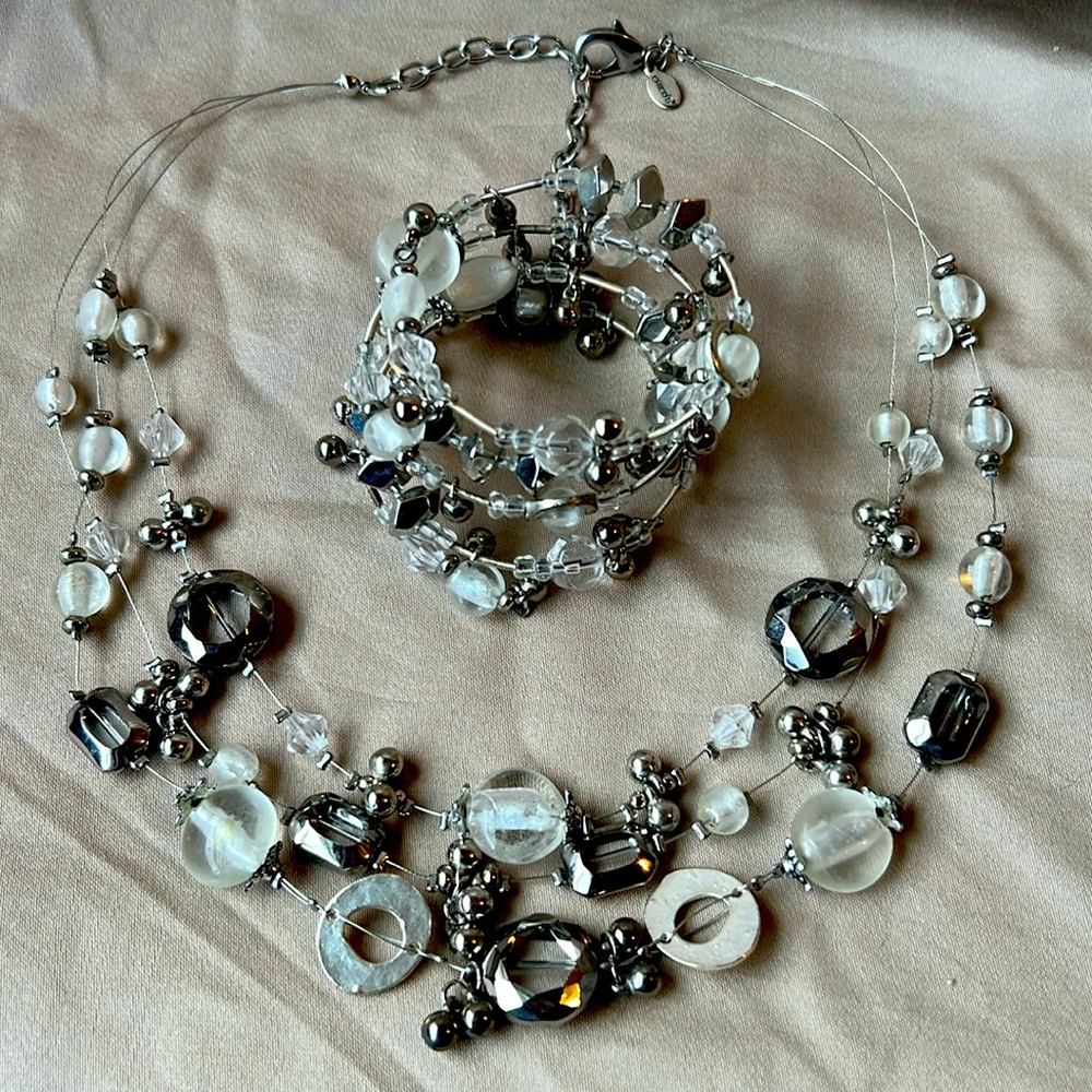Chico's Necklace Silver & Clear Beaded 3 Strands Layers with Matching Bracelet